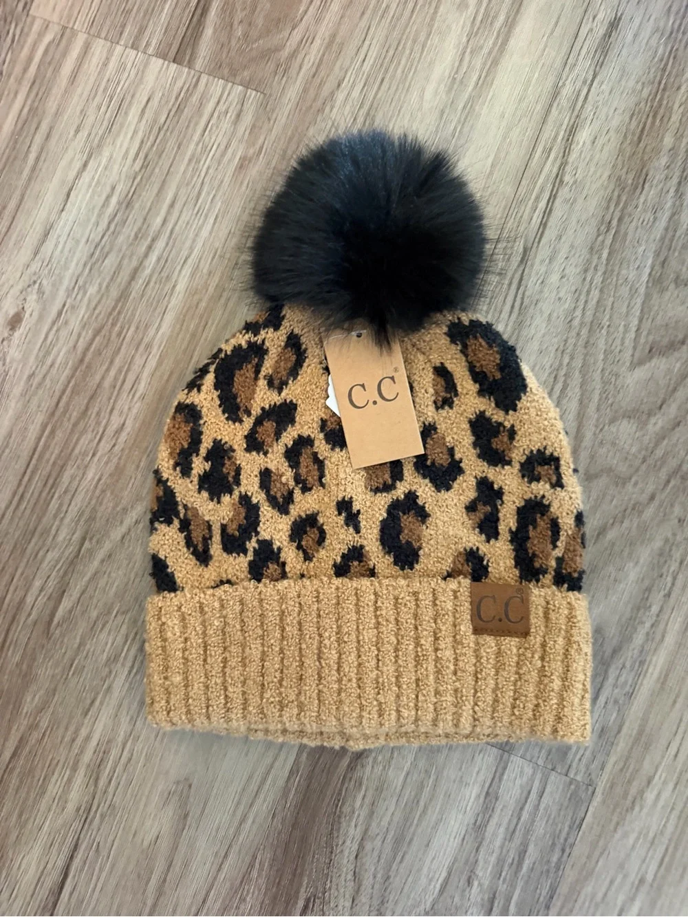 C.C Leopard Print Pom Beanie in Tan and Black